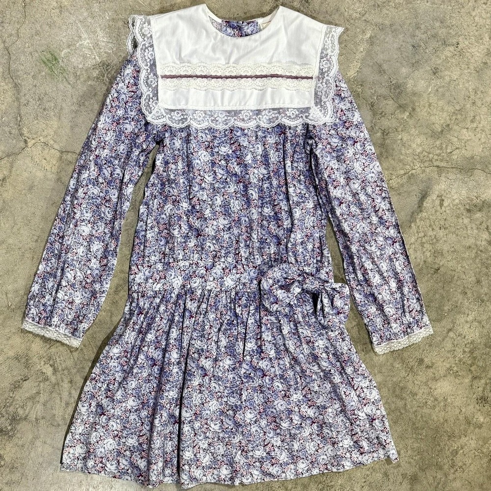 Vintage 1980s 80s Girl Sz 10 Cottagecore Prairie Dress Lavender Roses Bow USA